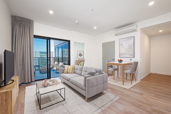 Interior living area of Spence on Light Apartments.