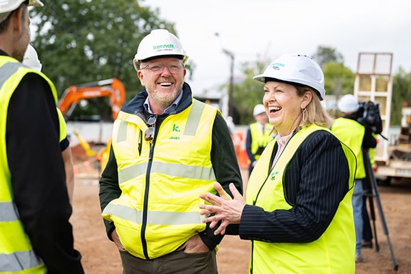 Kennett Builders Director, James Kennett, and UnitingSA CEO, Jenny Hall, on site at Uniting on Hawker