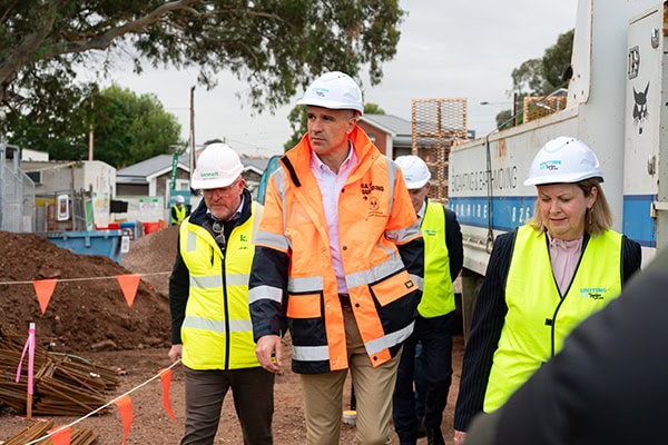 Premier Peter Malinauskas viewing the development site at Uniting on Hawker